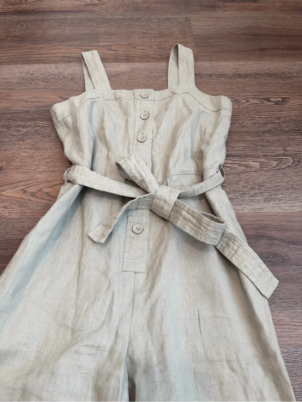 Everlane The Linen Picnic Jumpsuit Seagrass Sage Green Tie Waist Casual Size 2